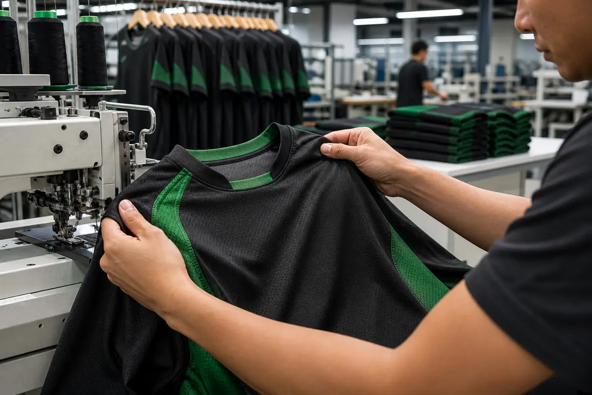 Custom jersey quality inspection at an OEM sportswear factory
