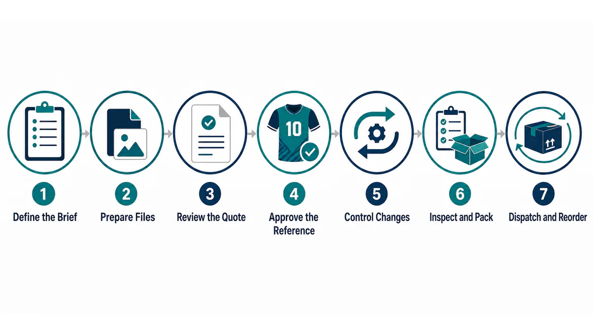 Seven-step bulk custom jersey order process from brief to reorder