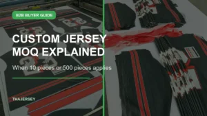 Custom jersey MOQ guide showing sublimation printing and cut-panel production