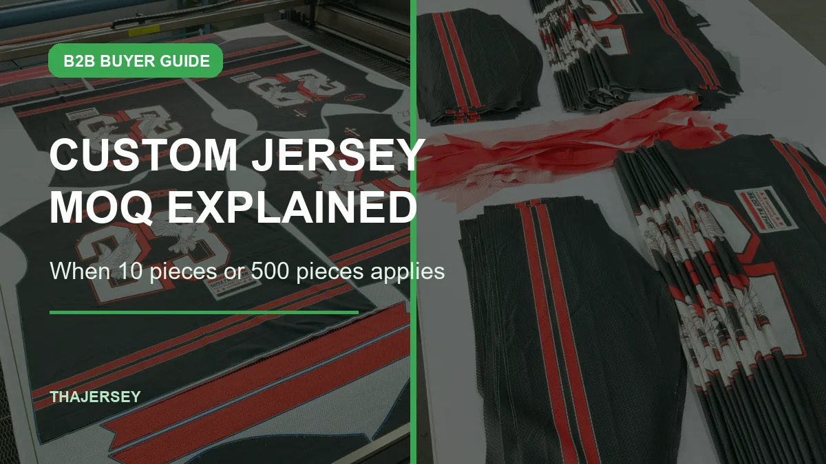Custom jersey MOQ guide showing sublimation printing and cut-panel production